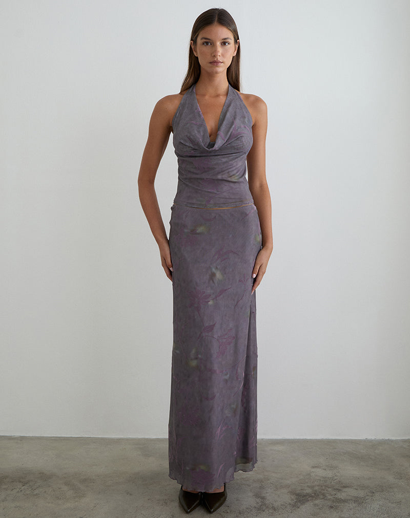 Image de la jupe longue Alfreda à fleurs violettes évasées