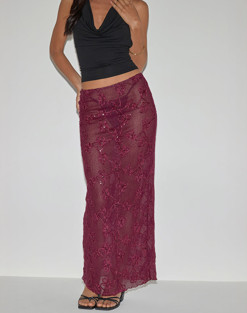 Image de la jupe longue Alphia en tricot à paillettes Bourgogne