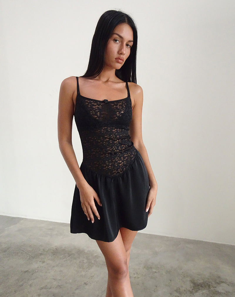 Alunan Slip Dress en satin et dentelle noir