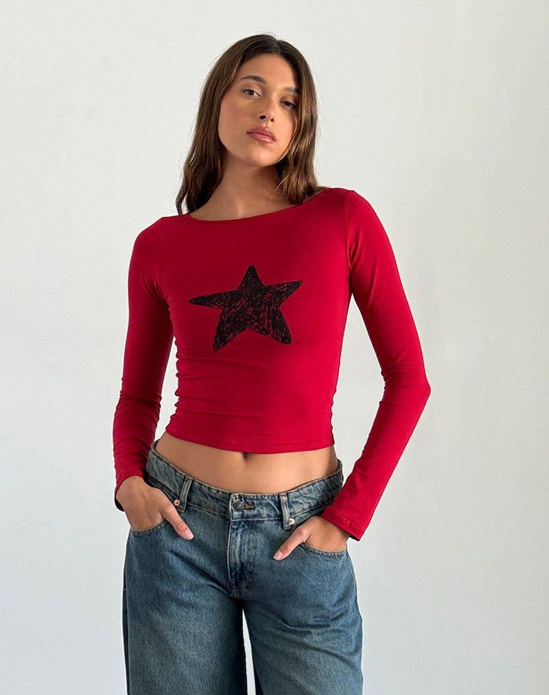 Image de Amabon Long Sleeve Top in Adrenaline Red with Black Star