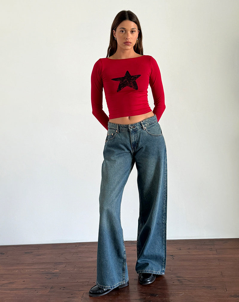 Image de Amabon Long Sleeve Top in Adrenaline Red with Black Star
