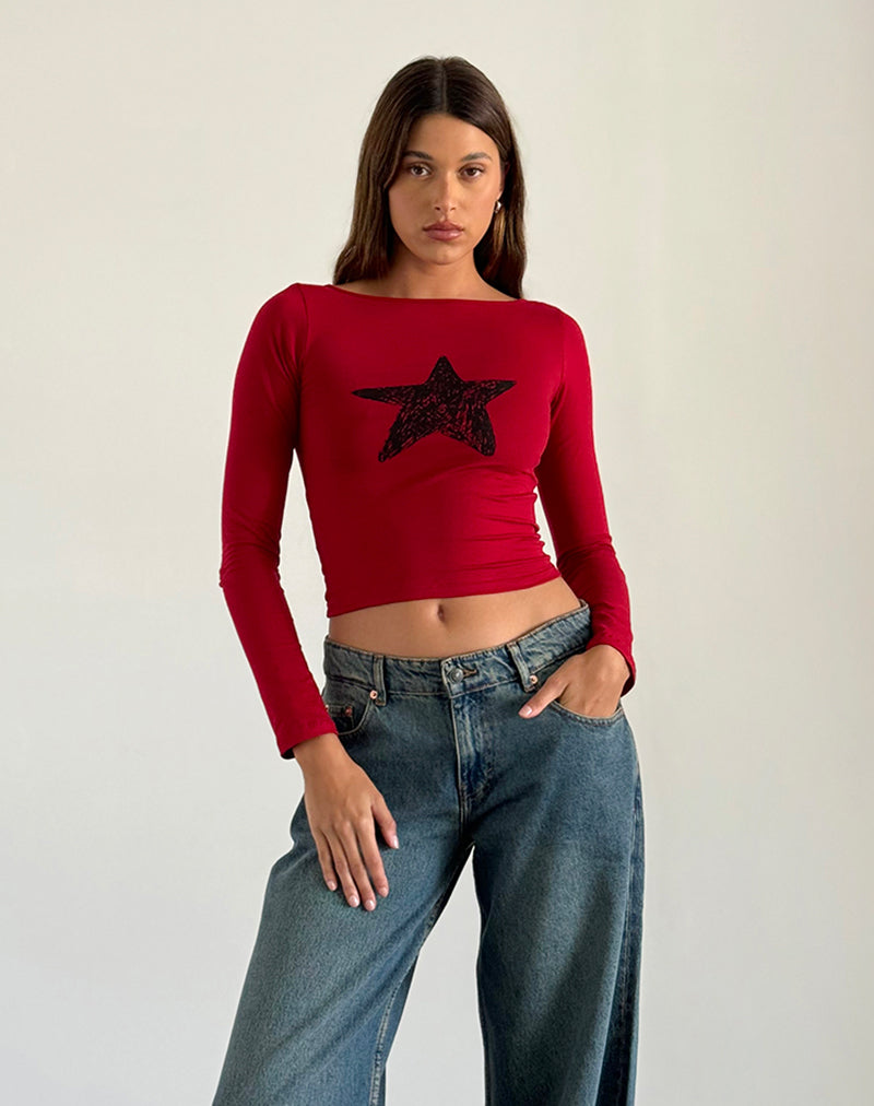 Image de Amabon Long Sleeve Top in Adrenaline Red with Black Star