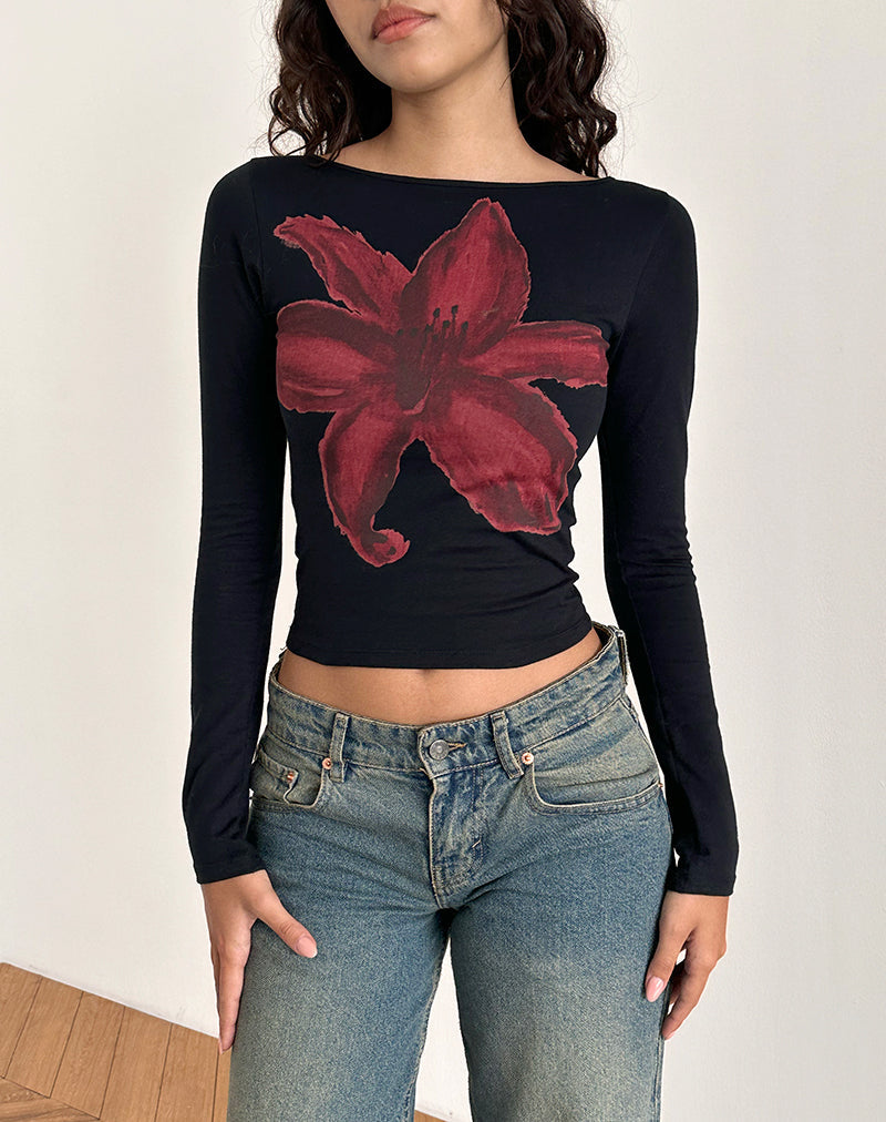 Amabon Long Sleeve Top in Black with Burgundy Painted Flower (Top à manches longues en noir avec fleur peinte en bourgogne)