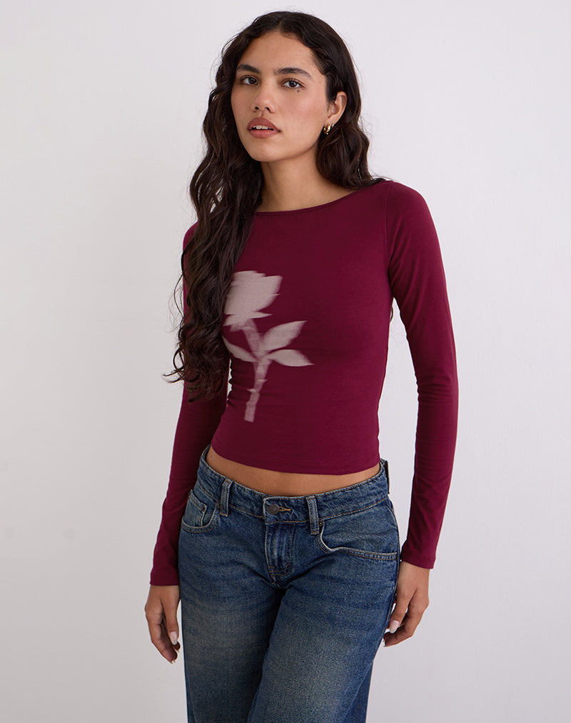 Image de Amabon Long Sleeve Top in Burgundy Blurred Rose