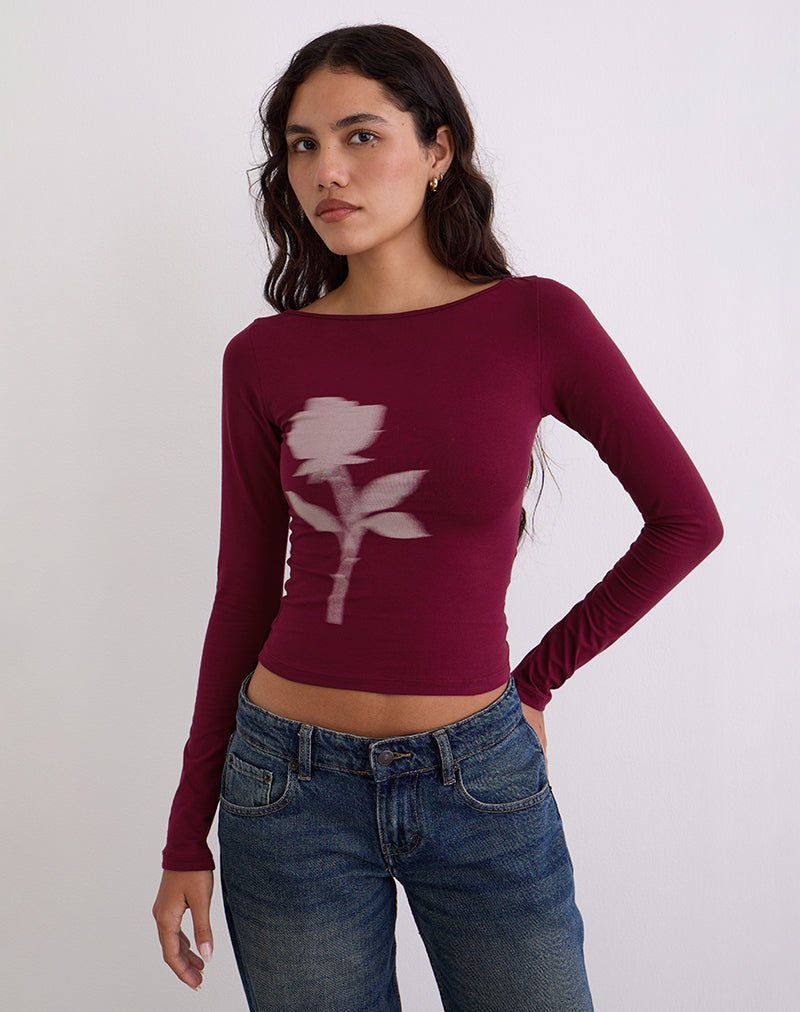 Image de Amabon Long Sleeve Top in Burgundy Blurred Rose