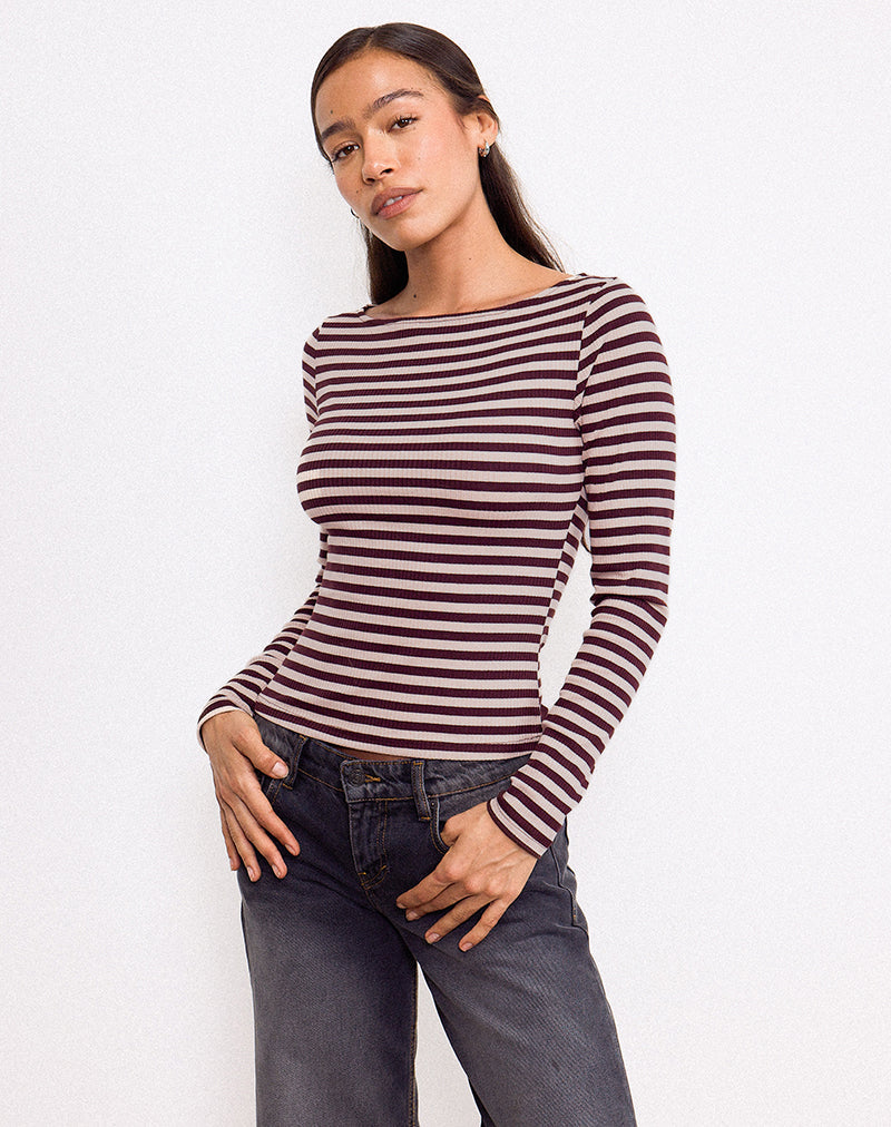 Amabon Long Sleeve Top in Tonal Brown Stripe (Top à manches longues à rayures marron ton sur ton)