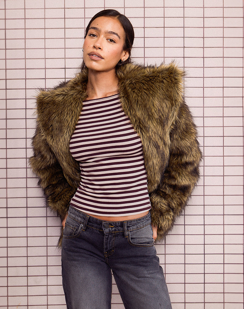 Amabon Long Sleeve Top in Tonal Brown Stripe (Top à manches longues à rayures marron ton sur ton)