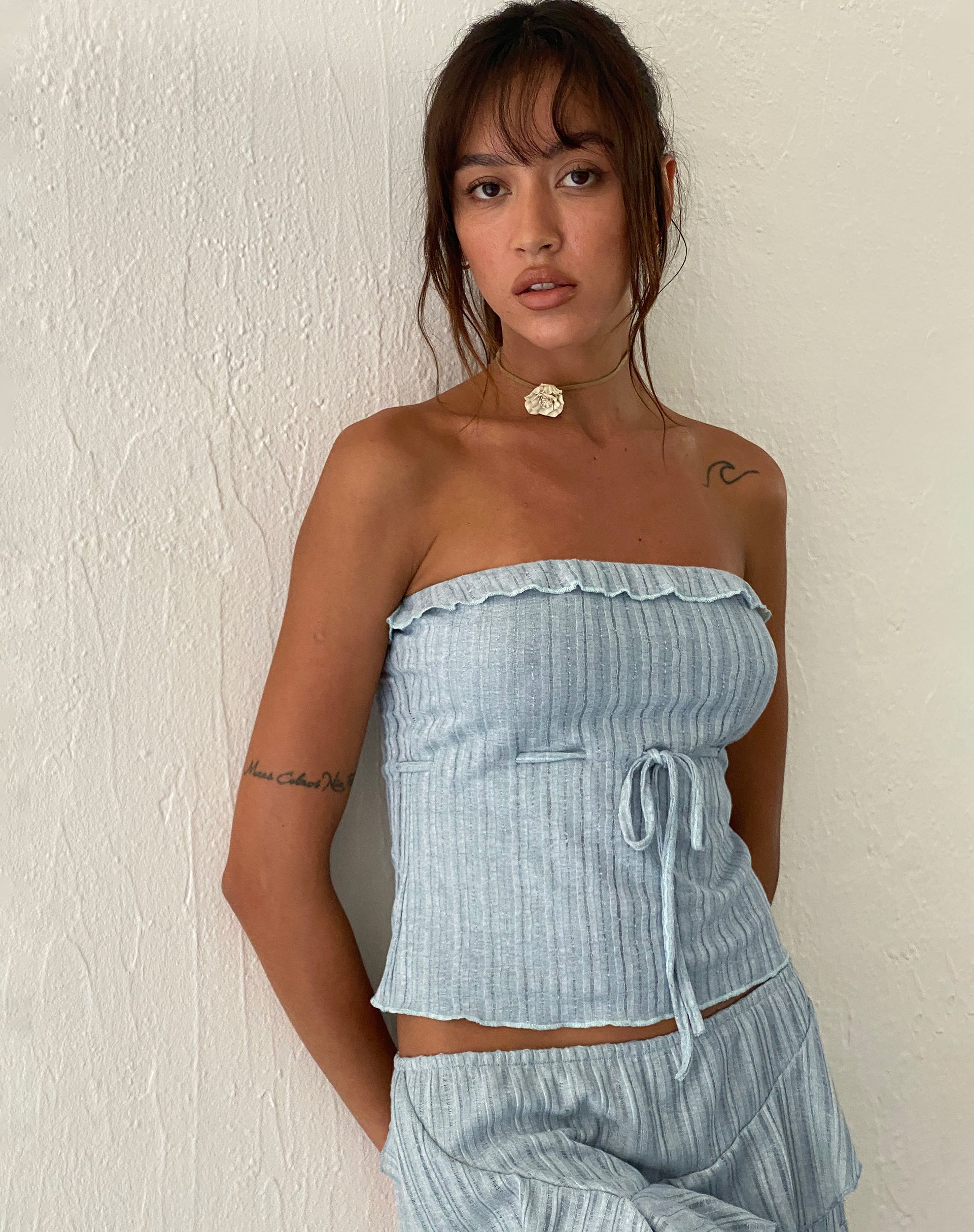 Image of Ameera Ruffle Trim Bandeau Top in Powder Blue