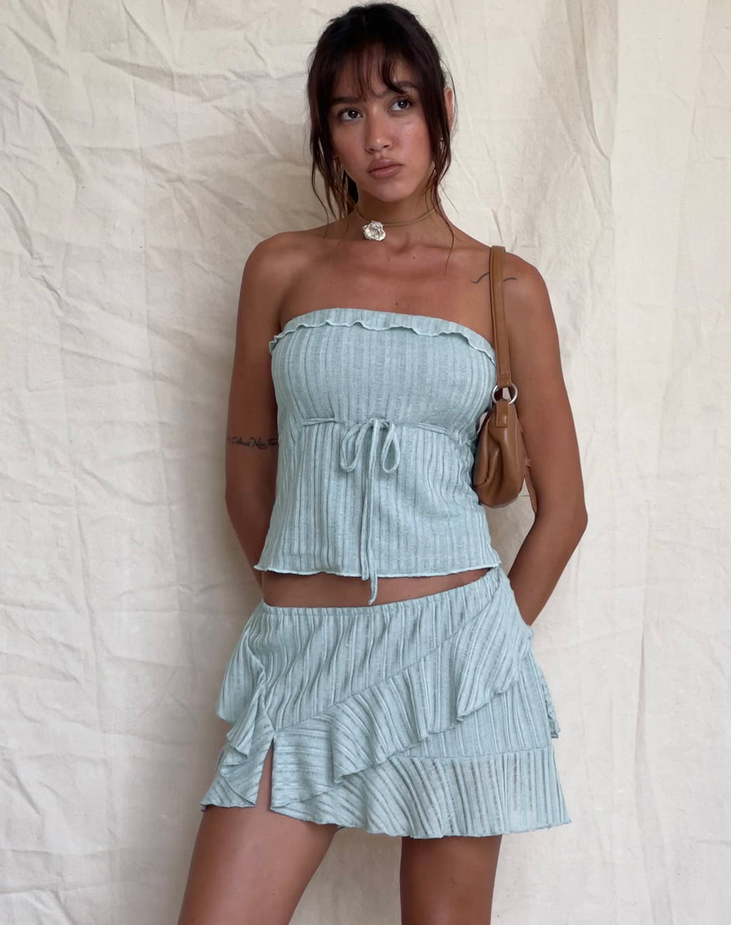 Ameera - Top bandeau à bordures volantées - Bleu poudré