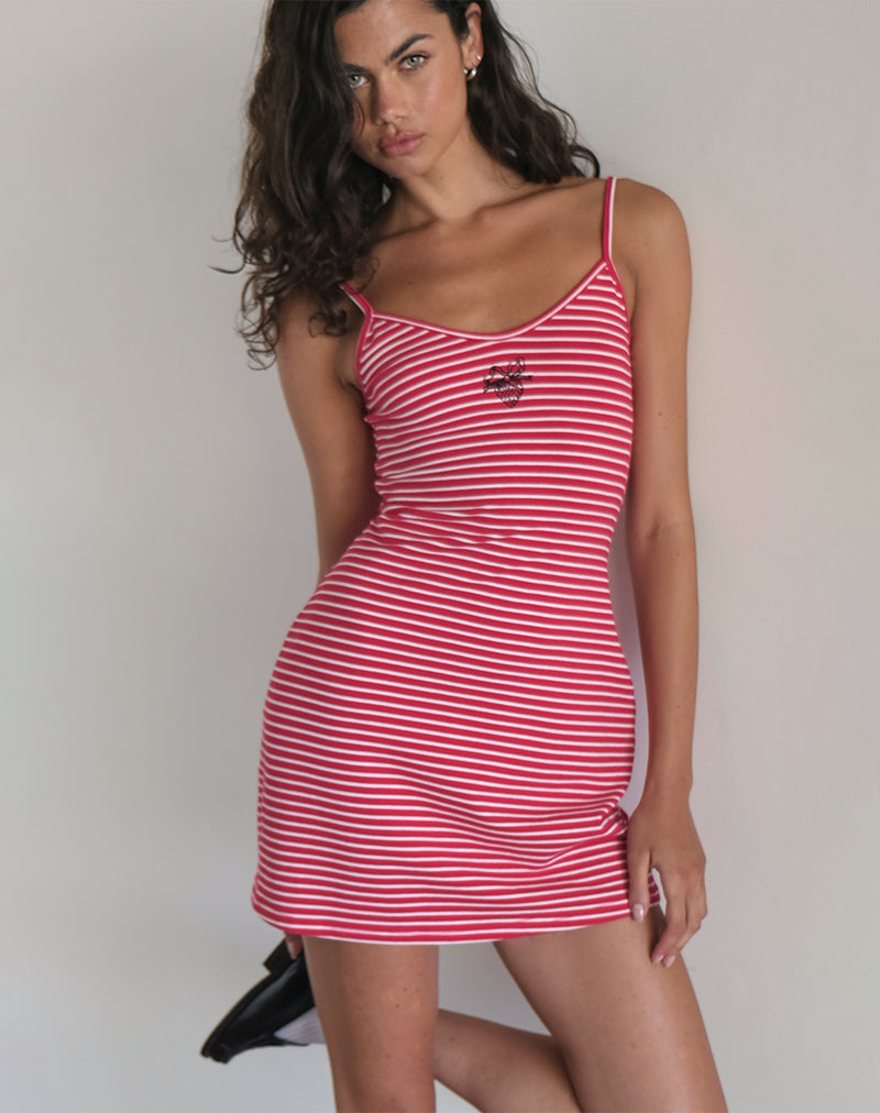 Anzhelina - Mini robe à bretelles à rayures rouges et blanches avec ornements en forme de fraise