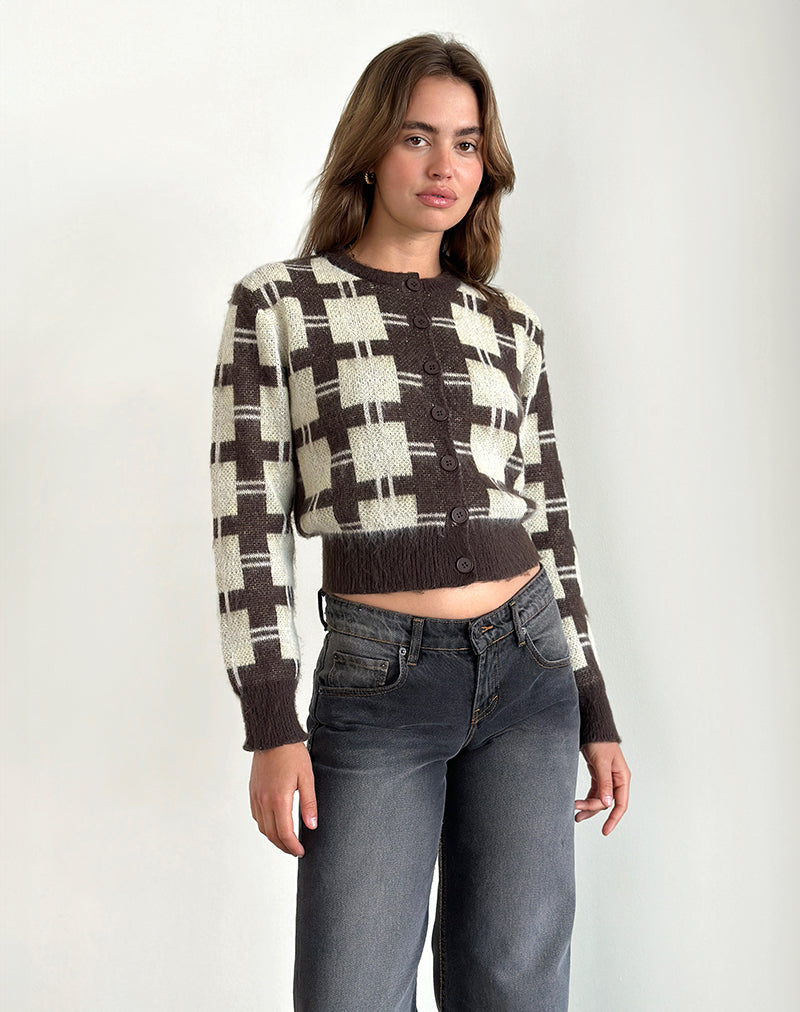 Cardigan en maille Anzio à carreaux marron