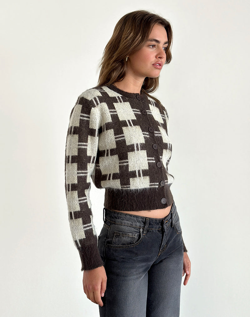 Image de marque de Anzio Cardigan tricoté à carreaux marron