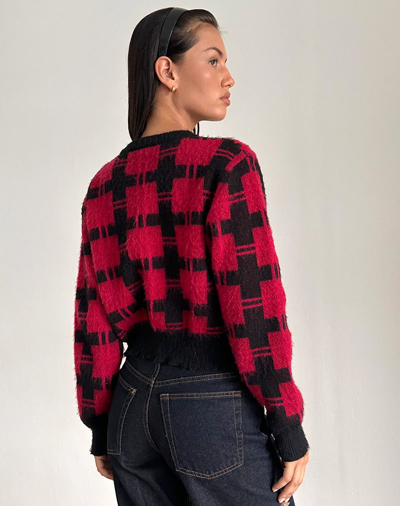 Image de l'Anzio Cardigan en maille à carreaux noirs et rouges