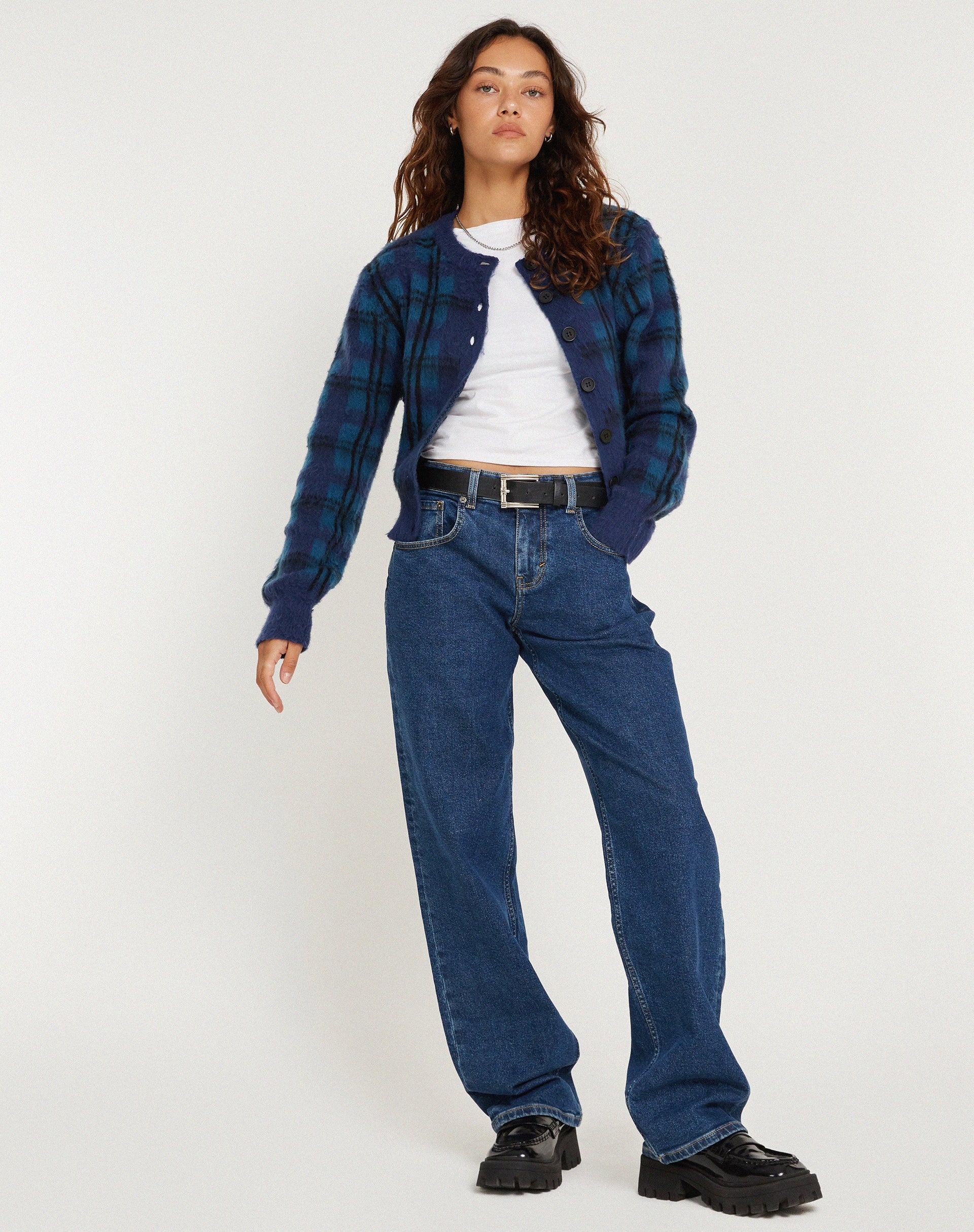 Image of Anzio Button Up Cardi in Check Navy Blue