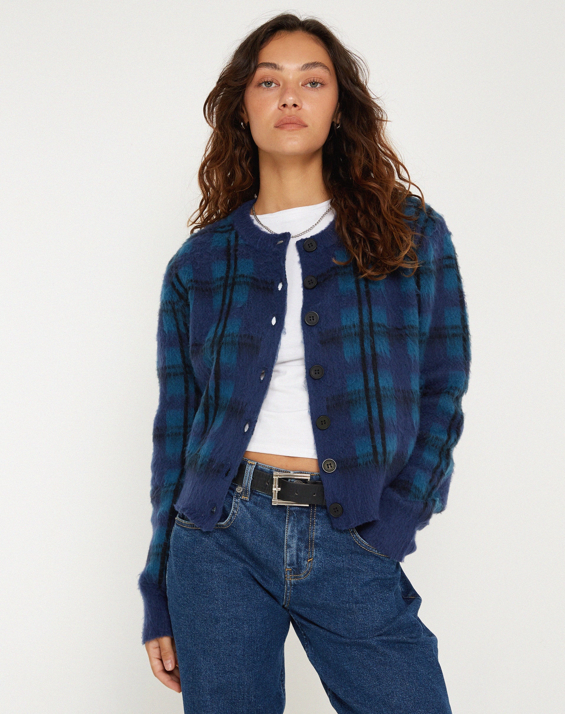 Image of Anzio Button Up Cardi in Check Navy Blue