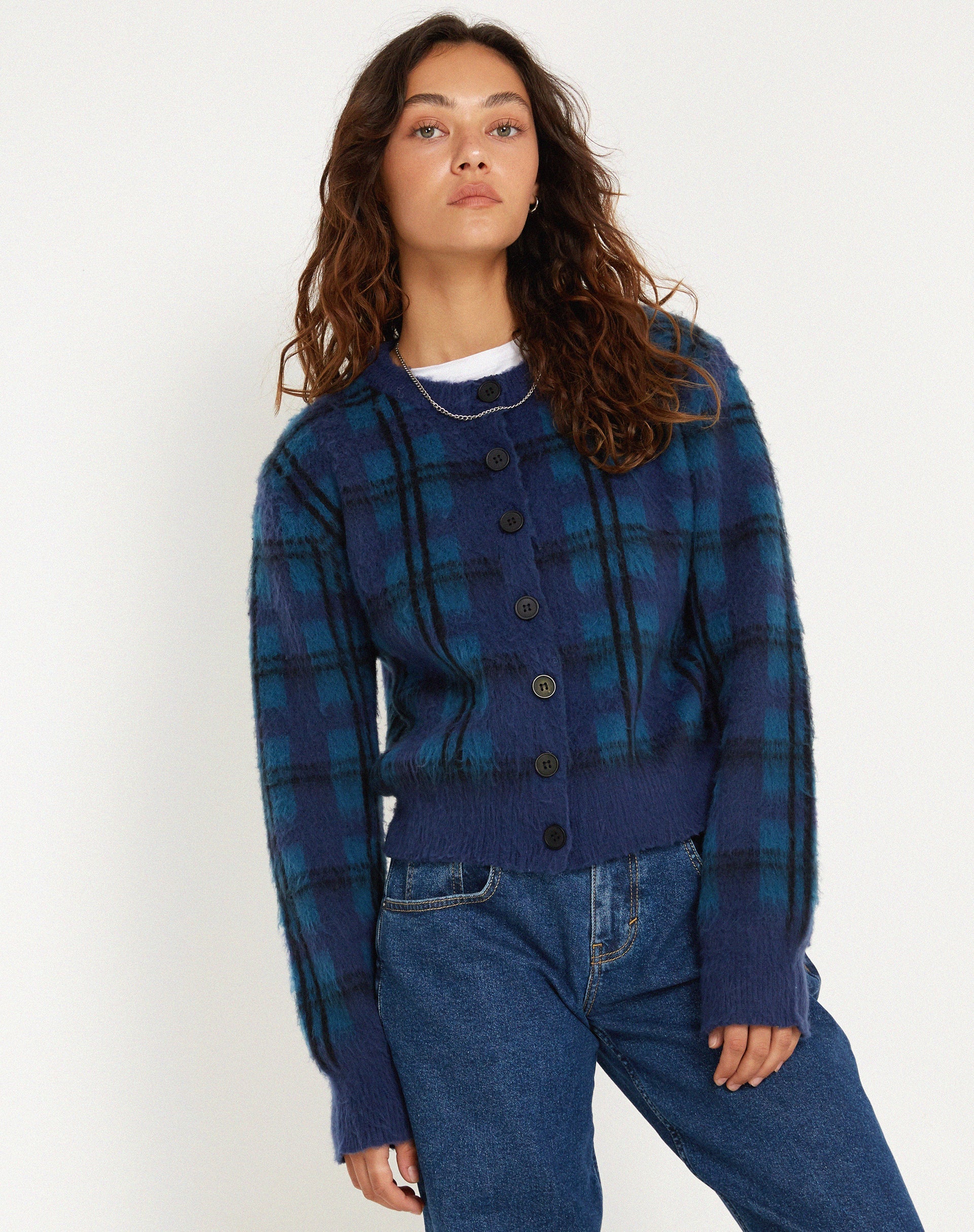 Image of Anzio Button Up Cardi in Check Navy Blue
