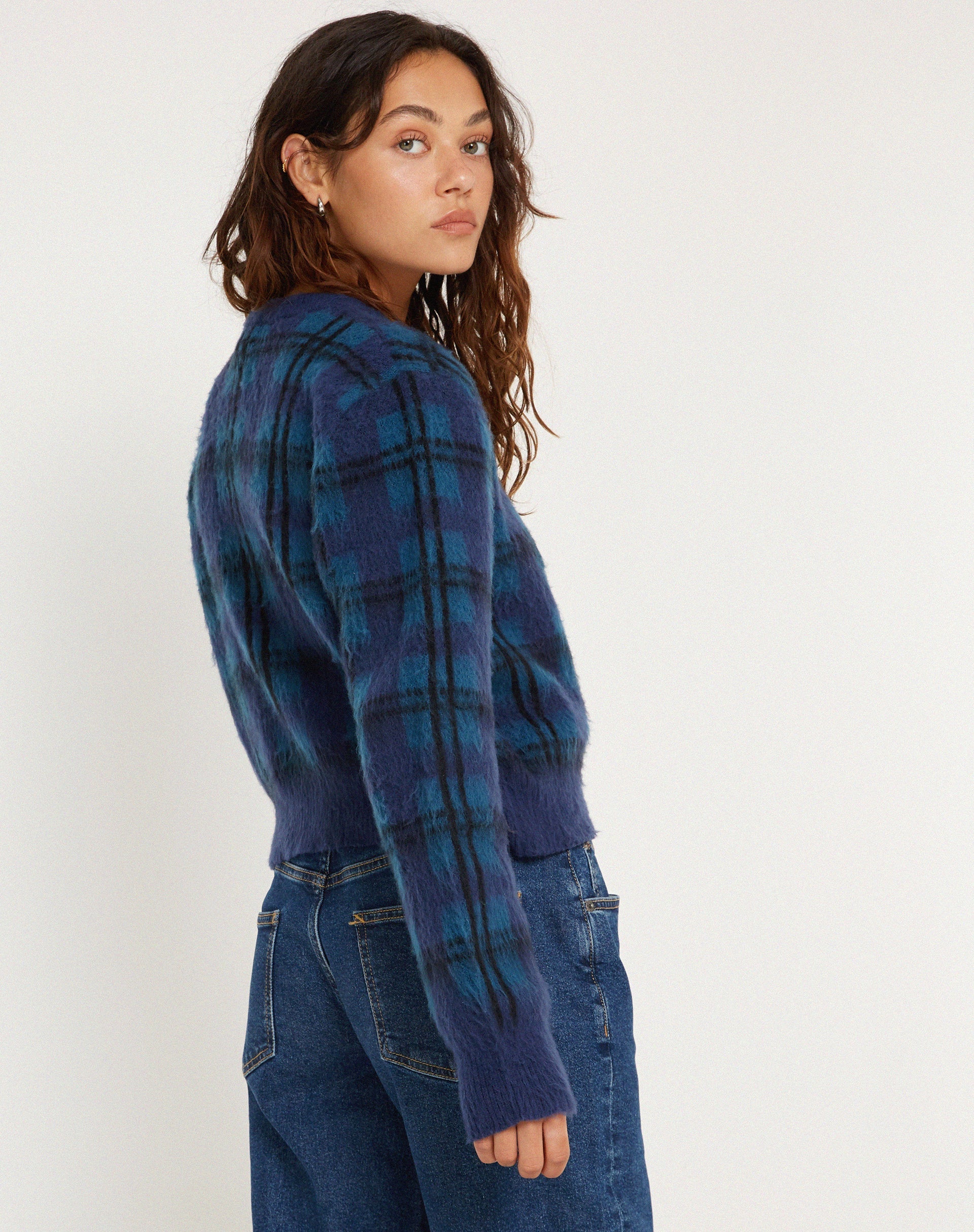 Image of Anzio Button Up Cardi in Check Navy Blue