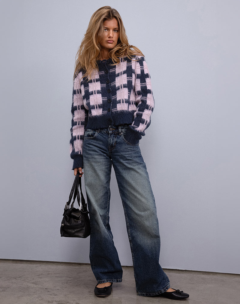 Cardigan boutonné Anzio à carreaux multiples marine et rose