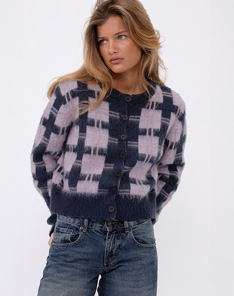 Cardigan boutonné Anzio à carreaux multiples marine et rose