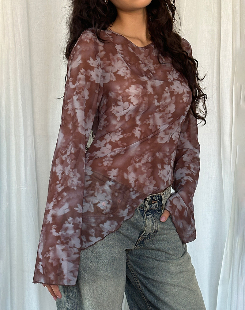Image de Arcelia Long Sleeve Mesh Top in Botanical Shadow Brown