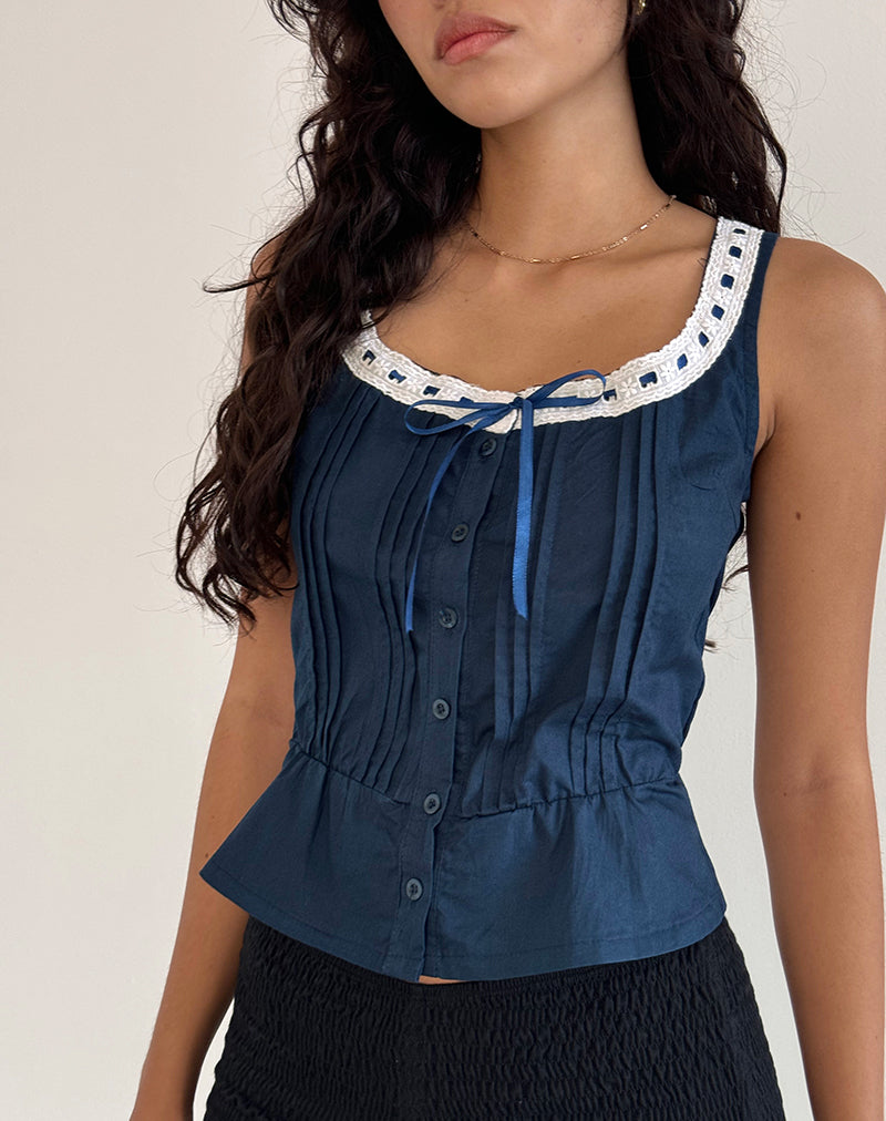 Arhan - Top sans manches en popeline marine avec bordures blanches