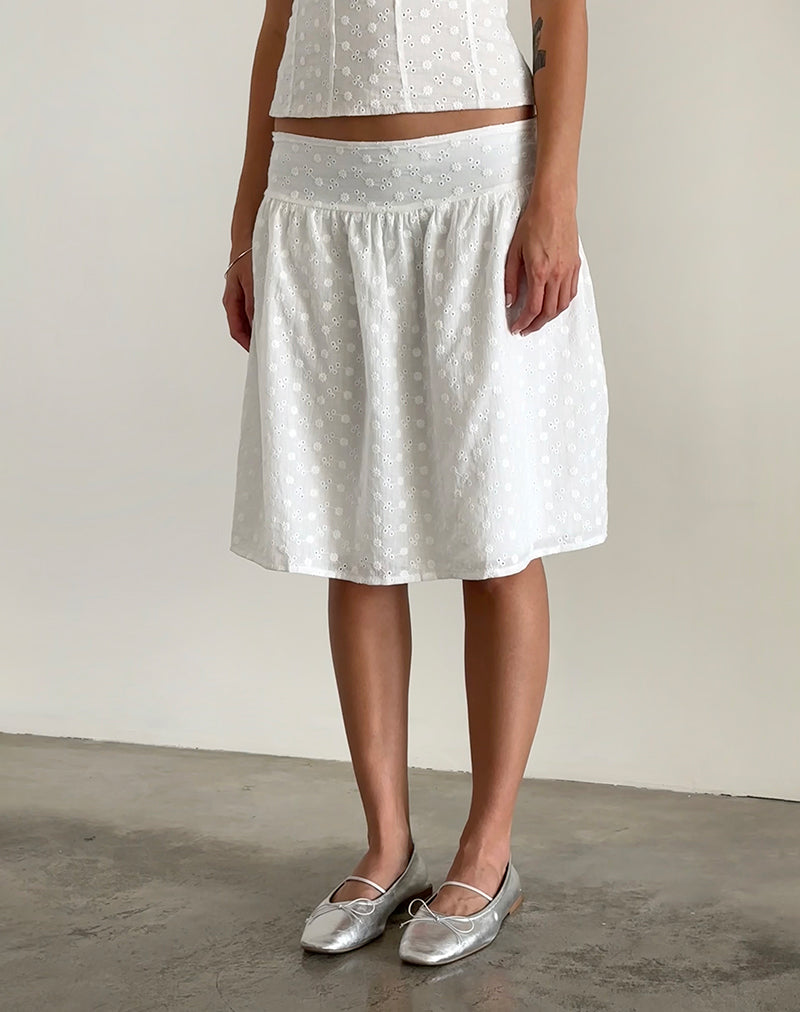 Jupe midi Aristia, broderie tissée, blanc