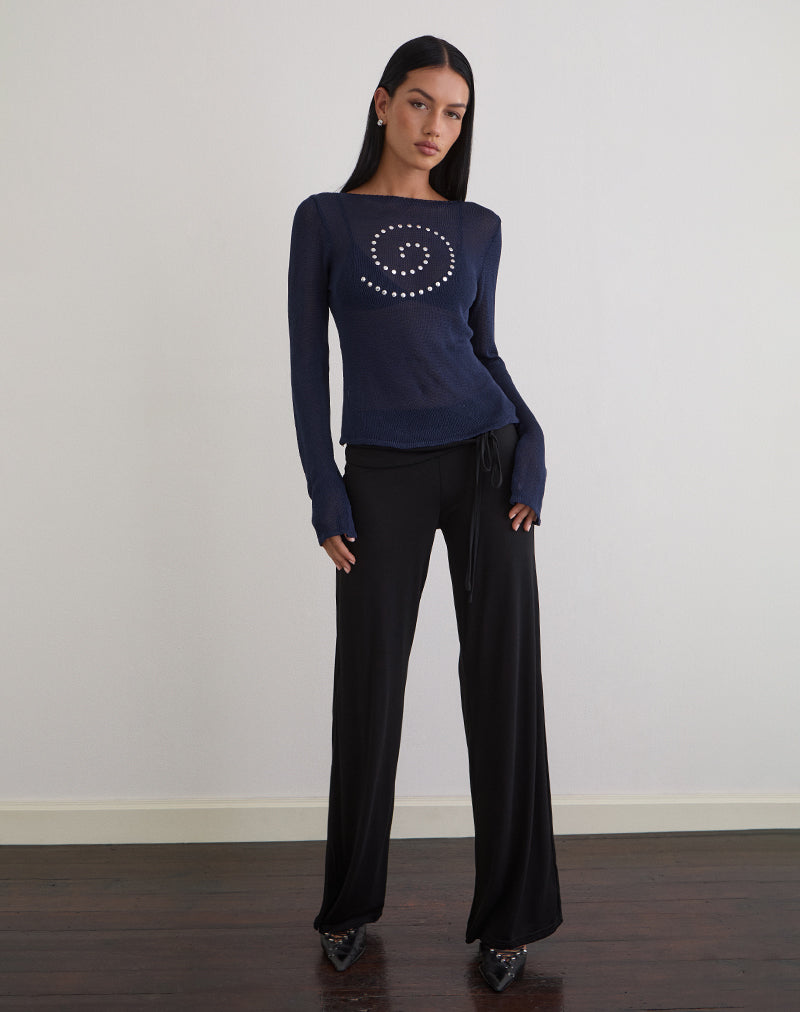 Armali Long Sleeve Top in Stud Sheer Knit Navy (Top à manches longues en maille cloutée et transparente)