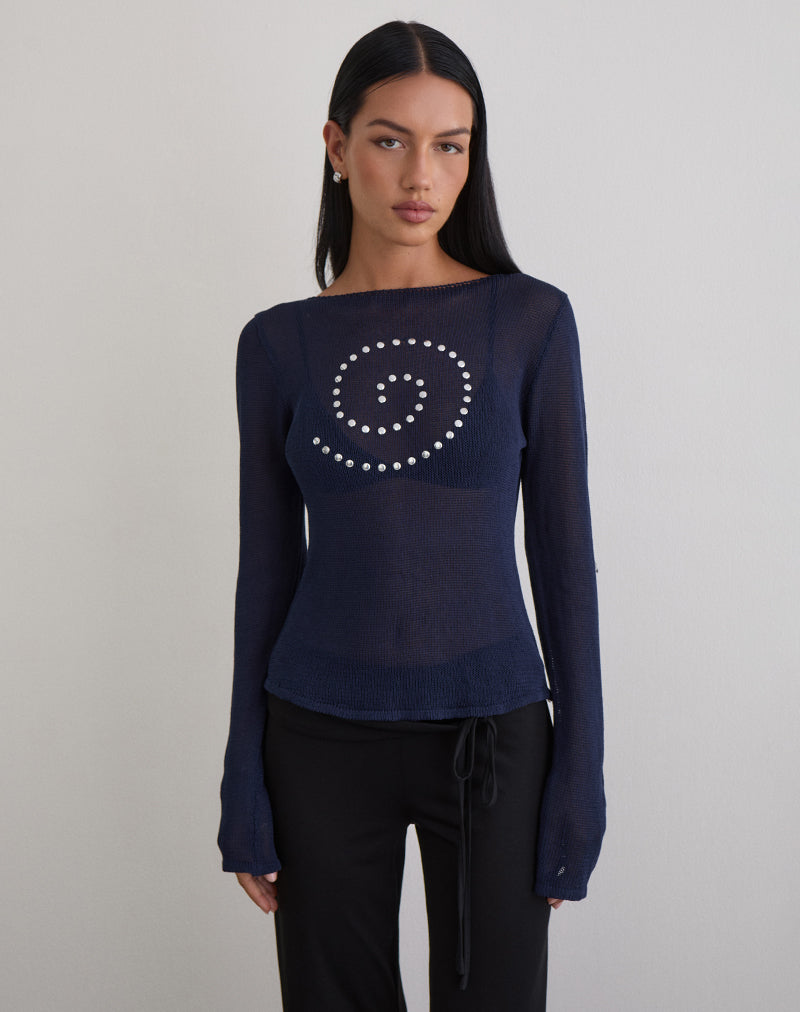 Armali Long Sleeve Top in Stud Sheer Knit Navy (Top à manches longues en maille cloutée et transparente)