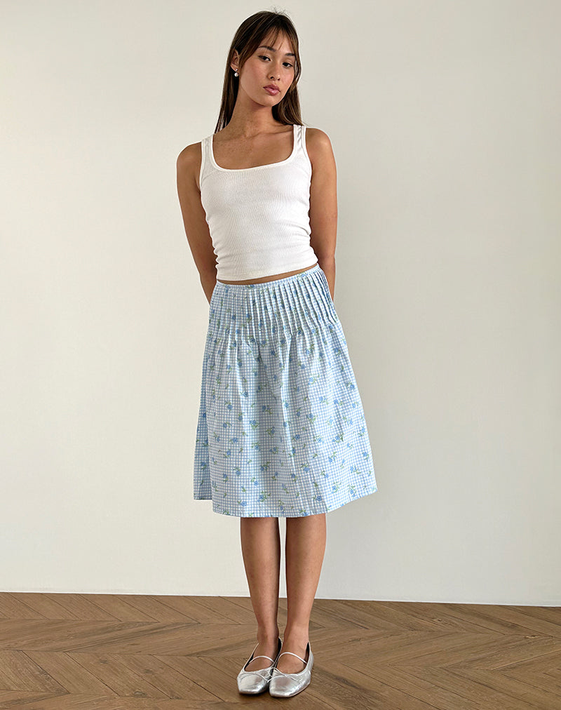 Jupe midi Asada, vichy fleuri bleu