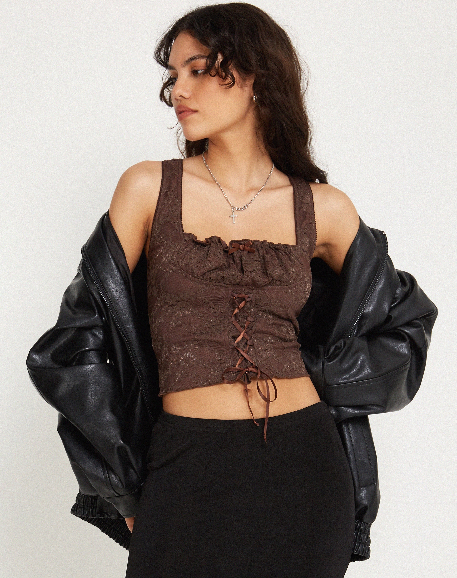 image de Asahi Crop Top in Lace Chestnut Brown