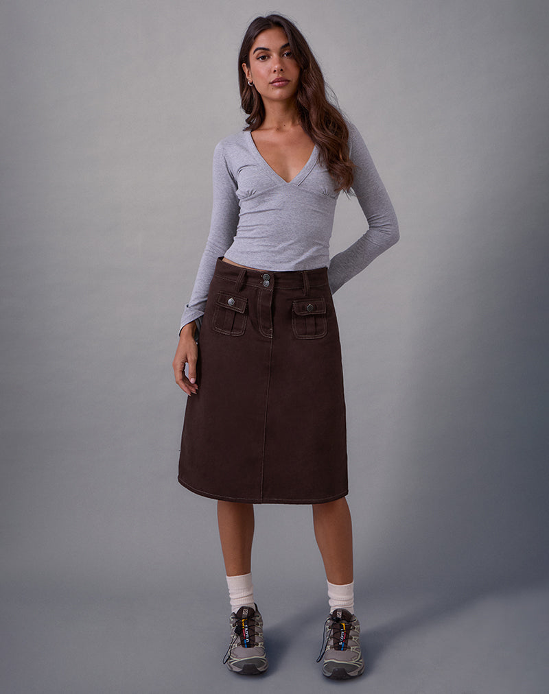 Astor Midi Skirt in Brown with Contrast Stitch (jupe midi brune à coutures contrastées)