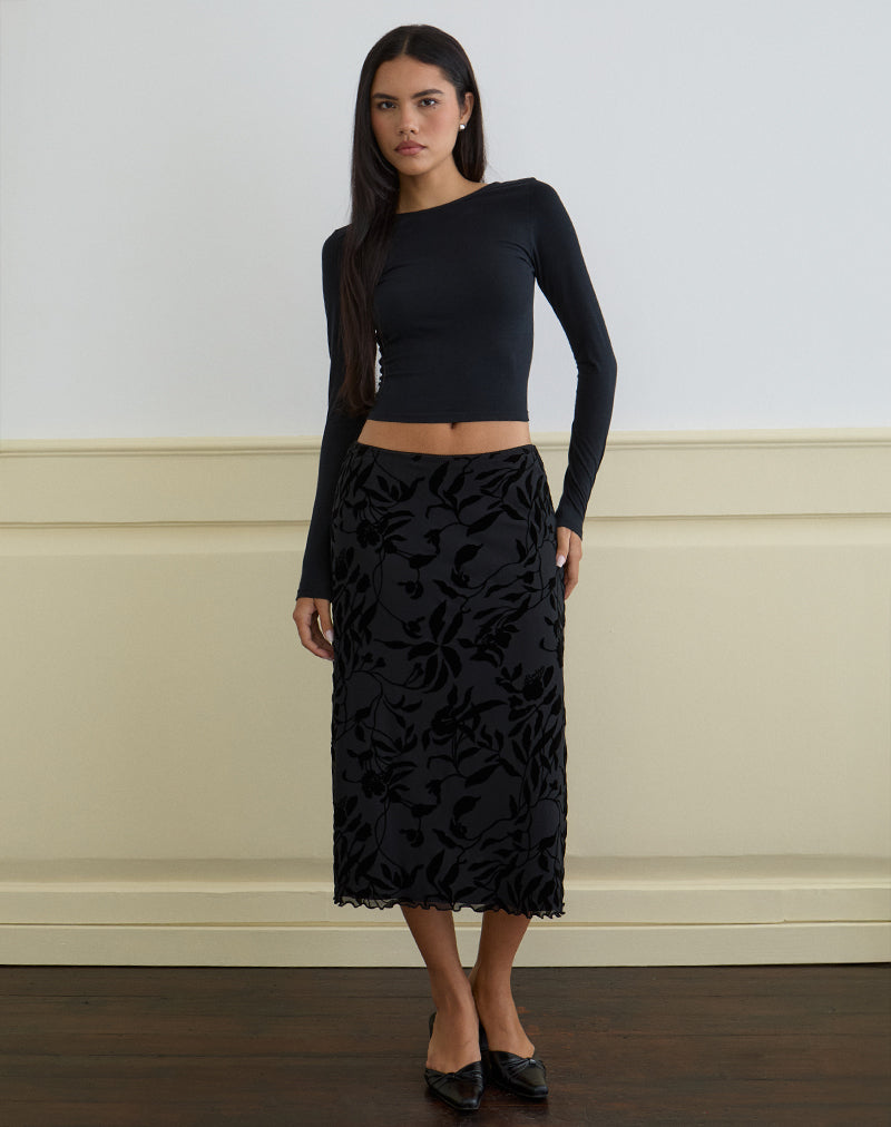 Image de Atira Midi Skirt in Flock Leaf Flower Black