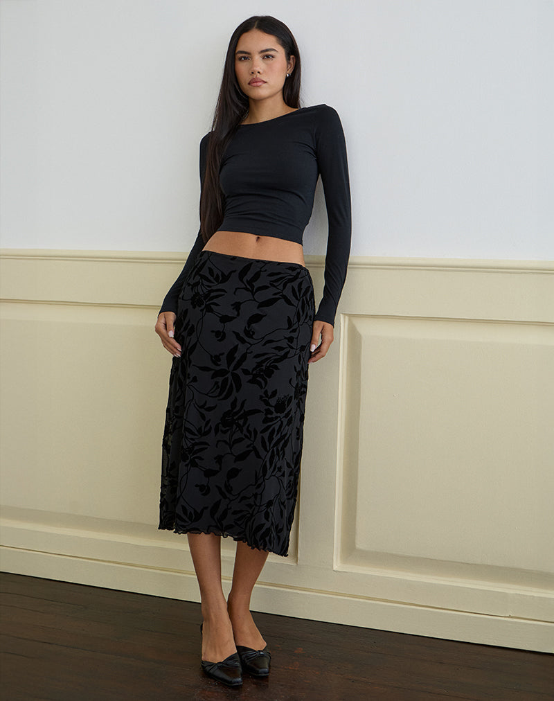 Jupe midi Atira, Flock Leaf Flower Black