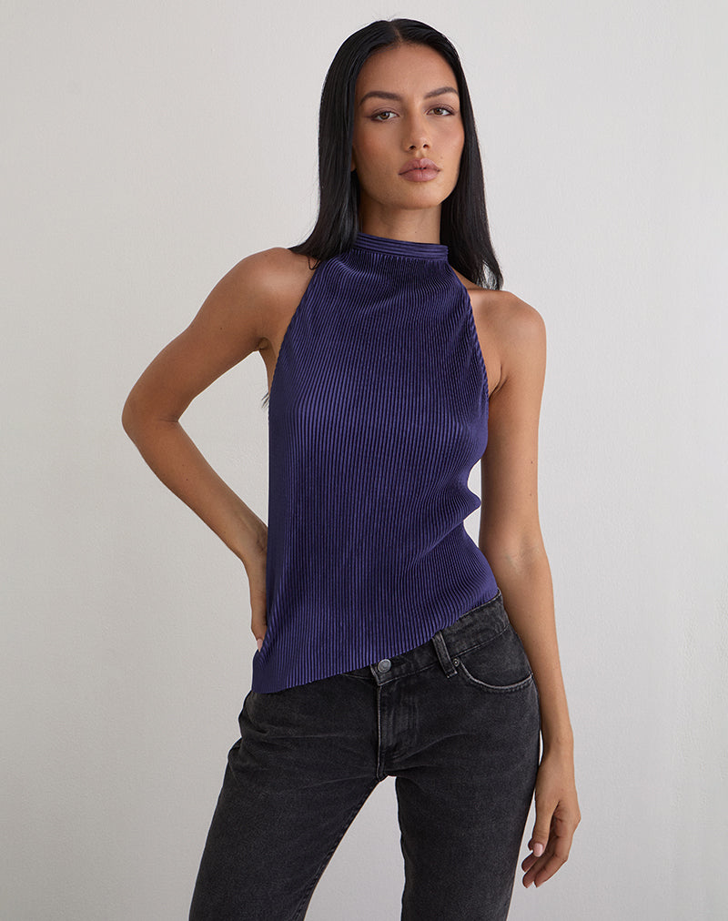 Image de Atsila High Neck Sleeveless Top in Plisse Navy