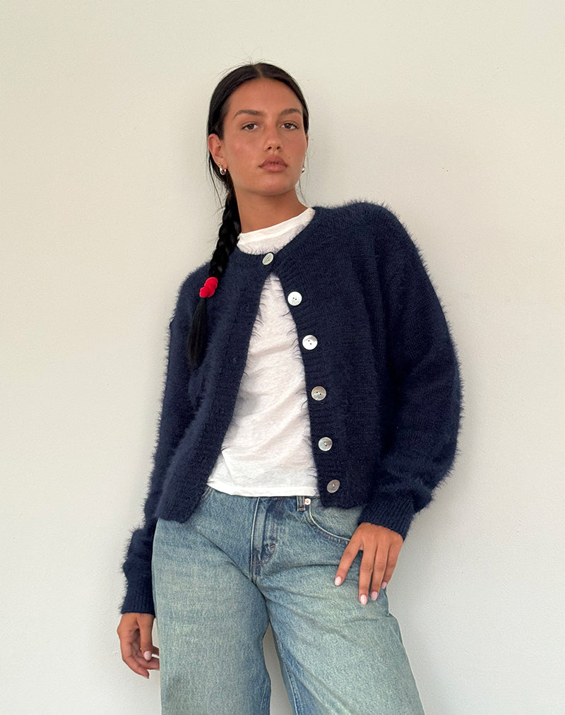 Image de Audrina Cardigan en maille duveteuse Navy