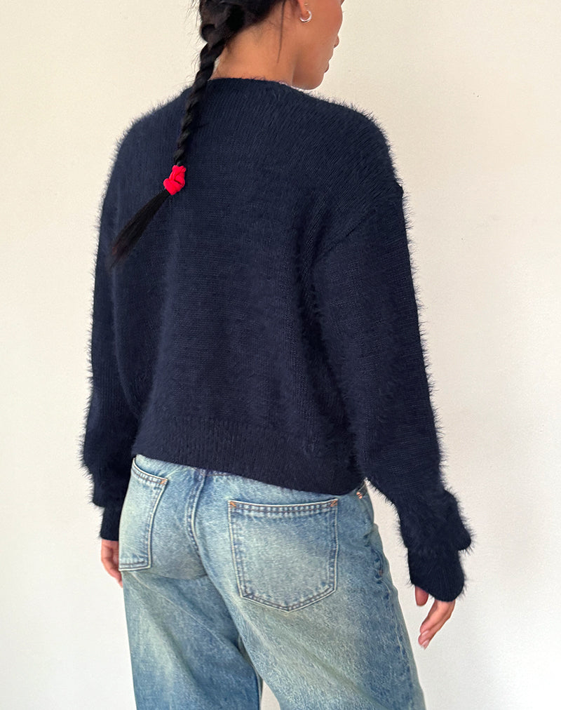 Image de Audrina Cardigan en maille duveteuse Navy