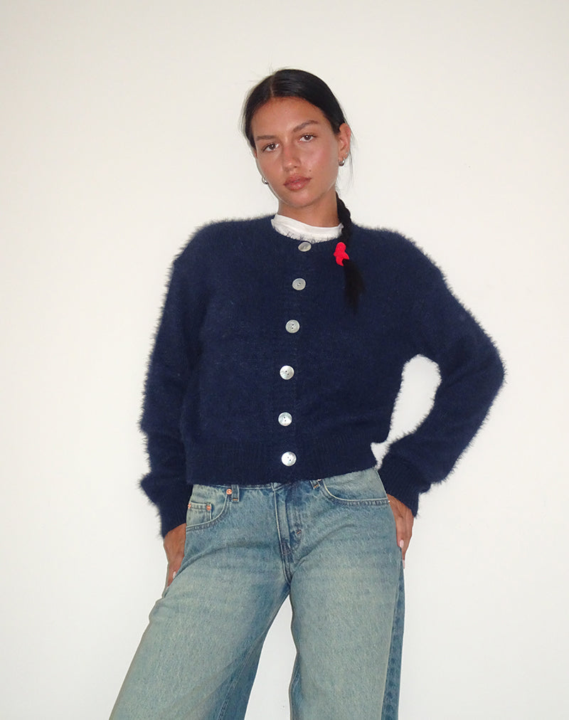 Image de Audrina Cardigan en maille duveteuse Navy