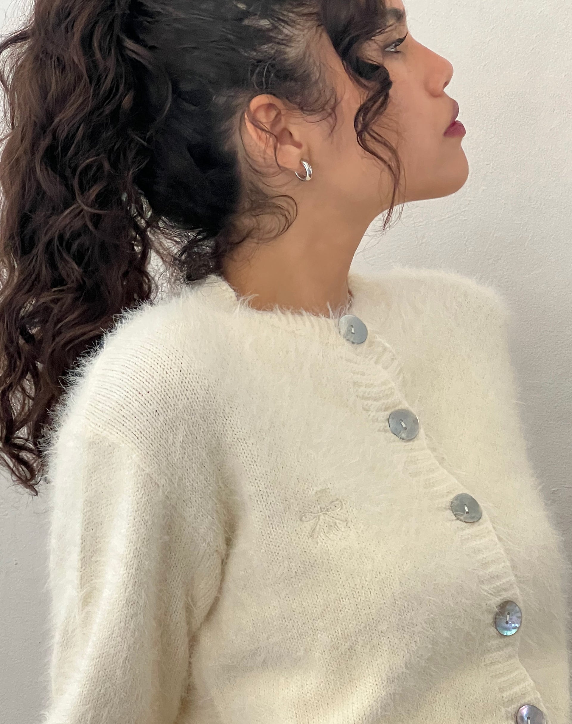 Image de Audrina Cardigan en maille duveteuse Ivoire
