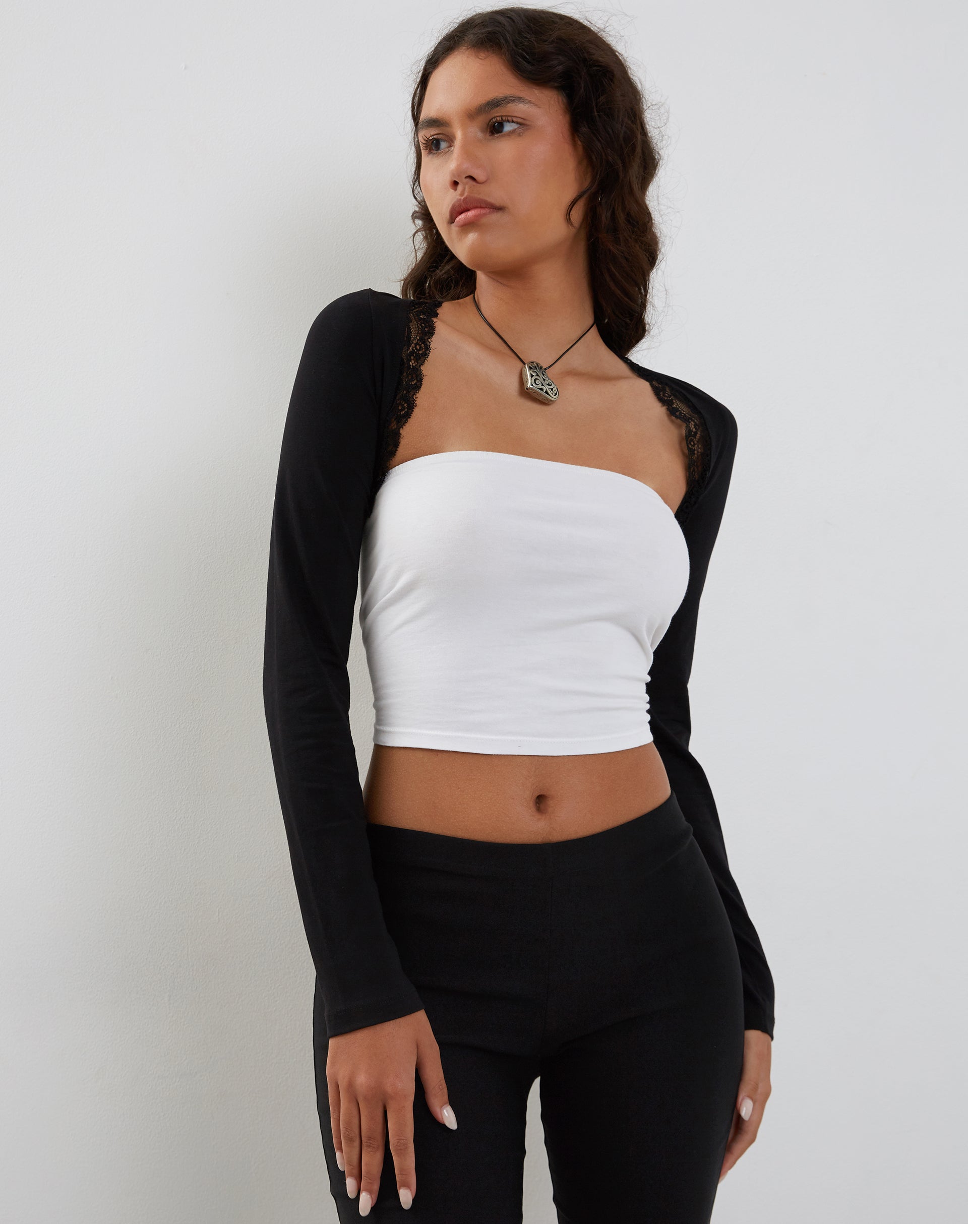 Image of Avya Lace Trim Top in Lycra Lace Black