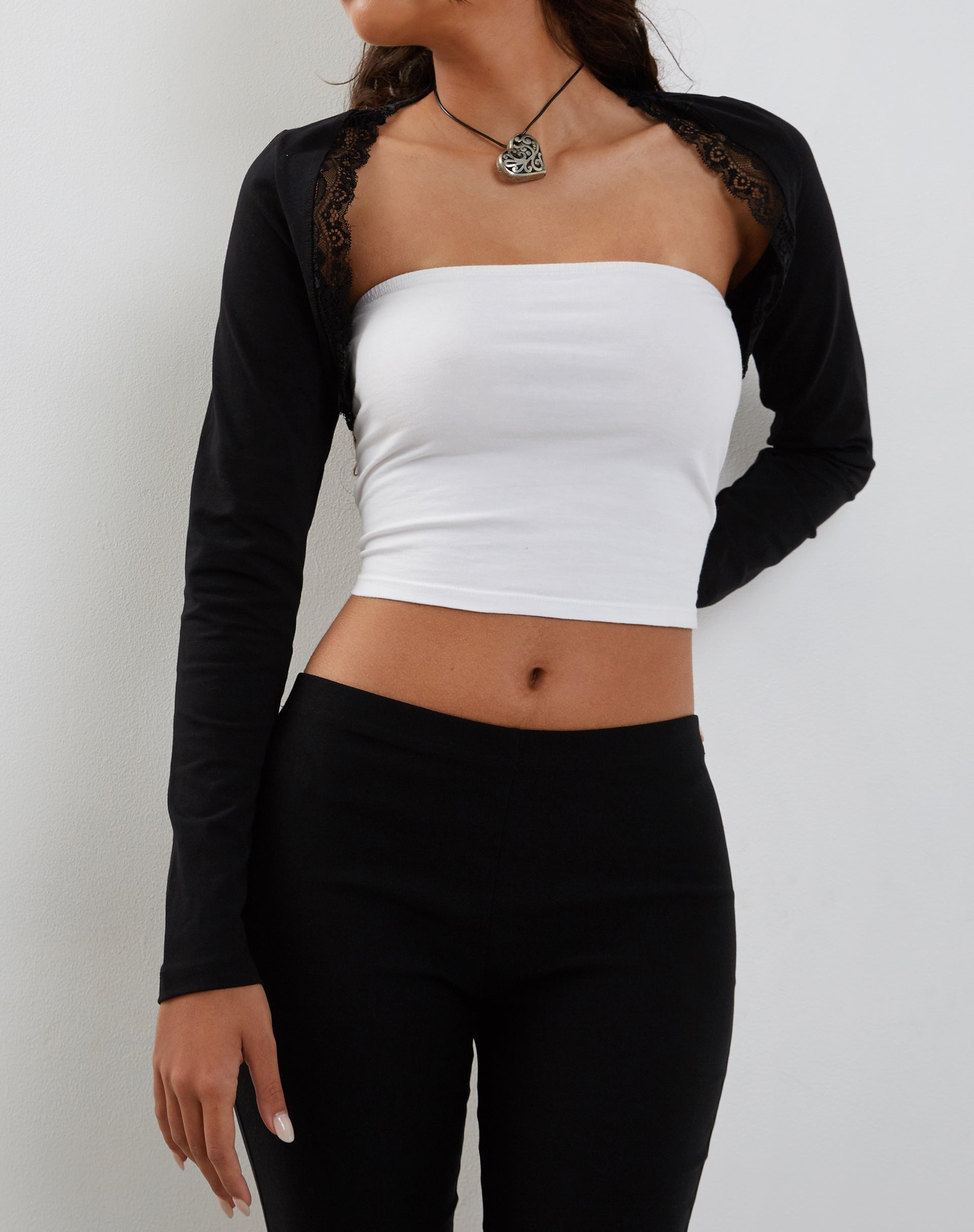 Image of Avya Lace Trim Top in Lycra Lace Black