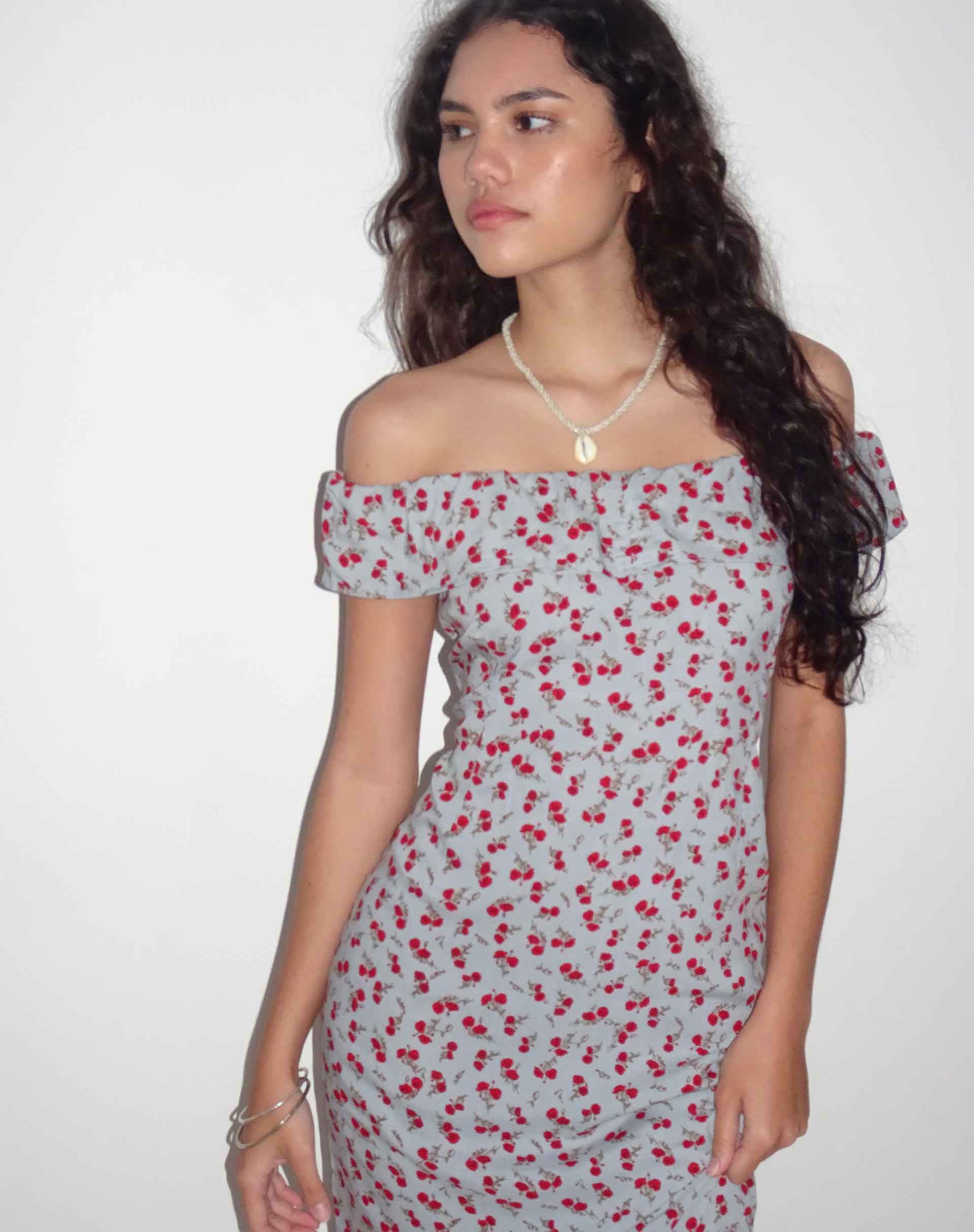Image of Ayudia Bardot Midi Dress in Blue Floral Ditsy