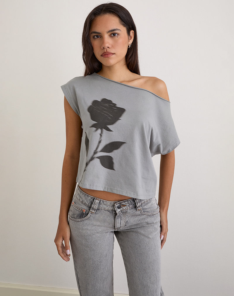 Balia - Top basique à manches courtes asymétriques en gris avec impression de roses floues