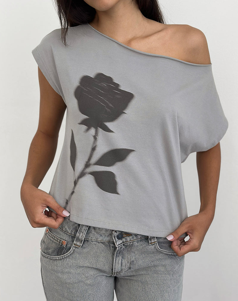 Balia - Top basique à manches courtes asymétriques en gris avec impression de roses floues