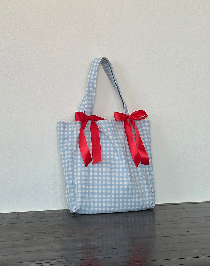Image du sac Barbara en vichy bleu avec nœud rouge
