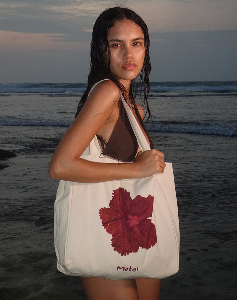 Sac fourre-tout Barbara en ivoire avec impression d'hibiscus