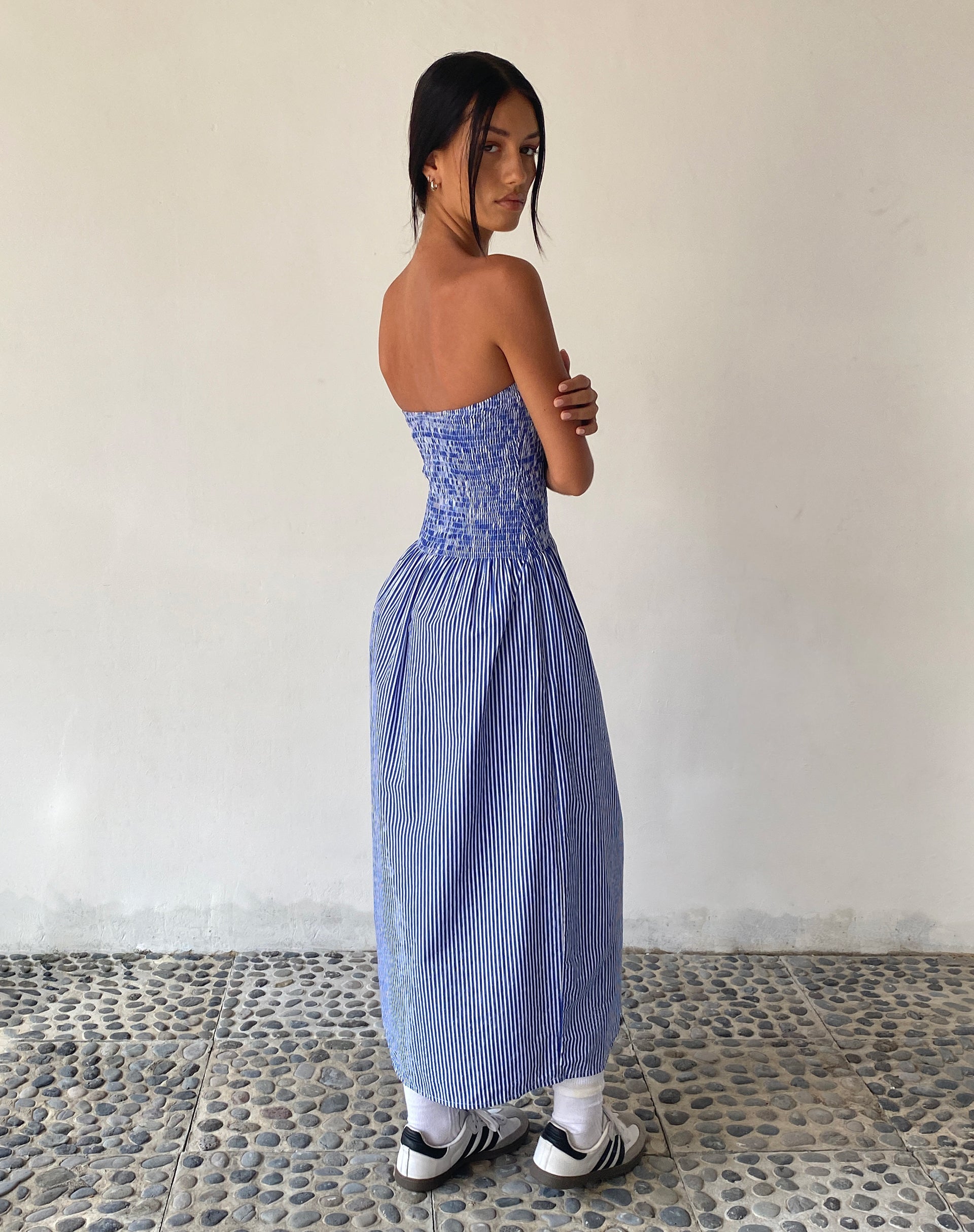 Image of MOTEL X JACQUIE Beleame Bandeau Midaxi Dress in a Blue Striped Poplin