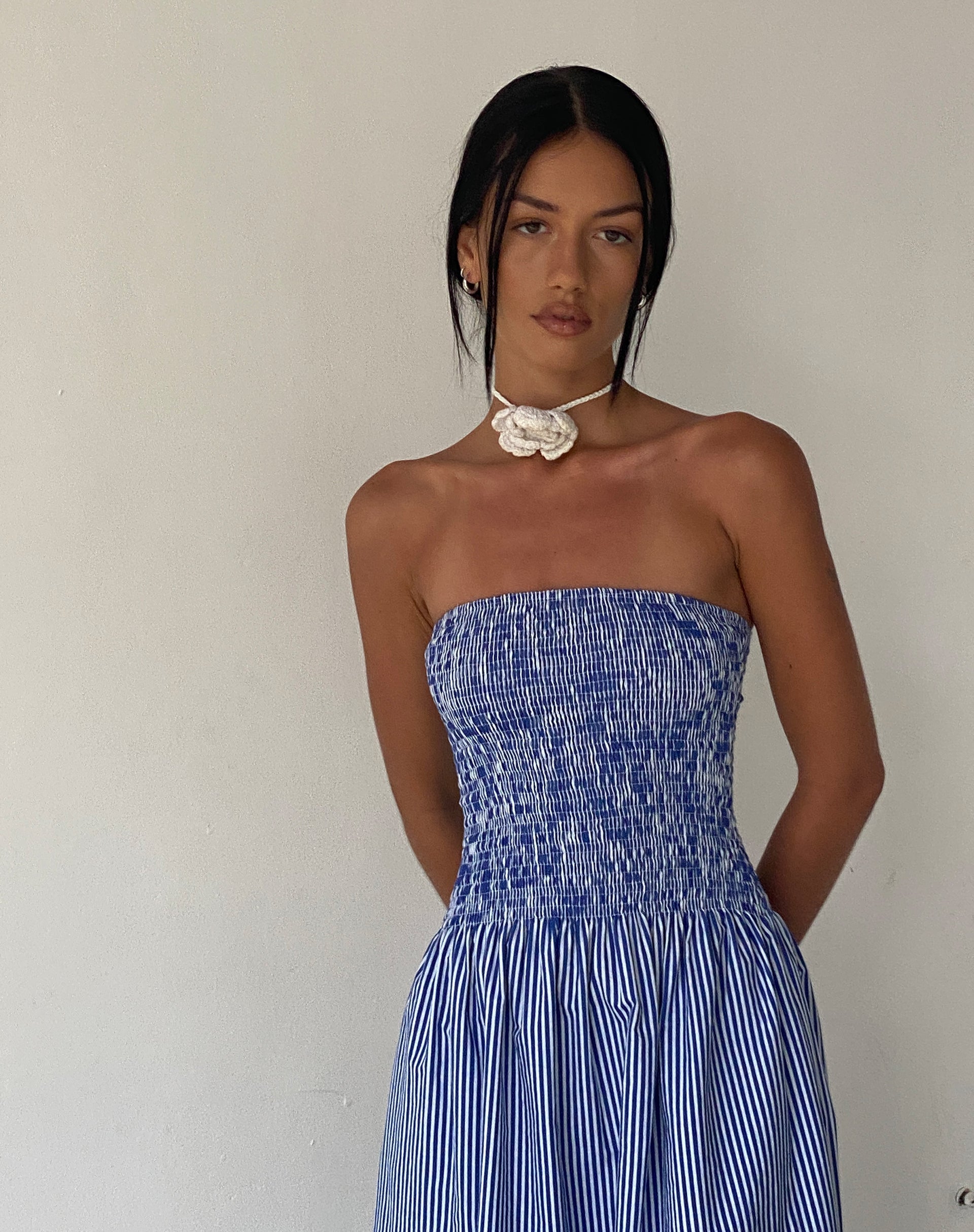 Image of MOTEL X JACQUIE Beleame Bandeau Midaxi Dress in a Blue Striped Poplin