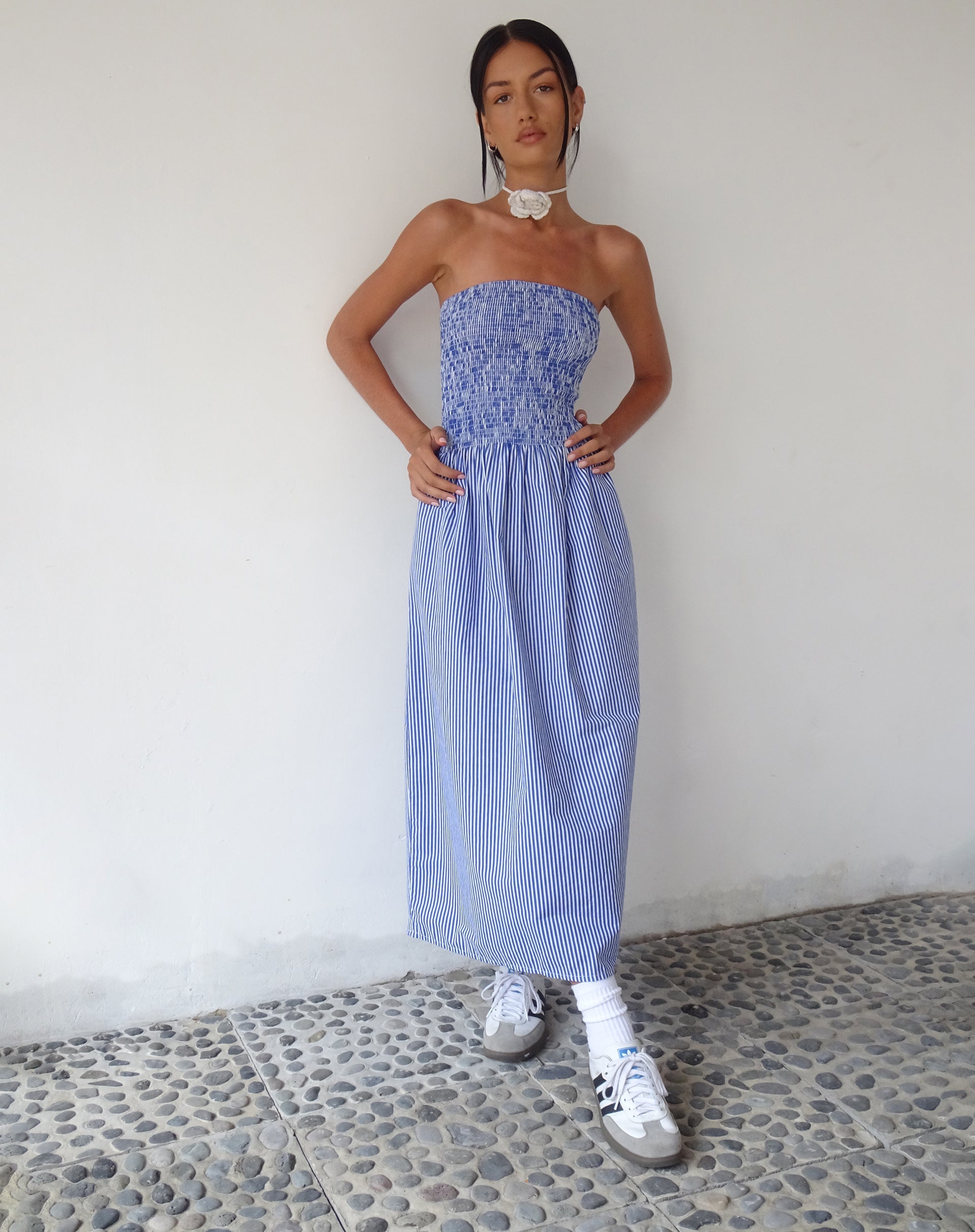 Image of MOTEL X JACQUIE Beleame Bandeau Midaxi Dress in a Blue Striped Poplin