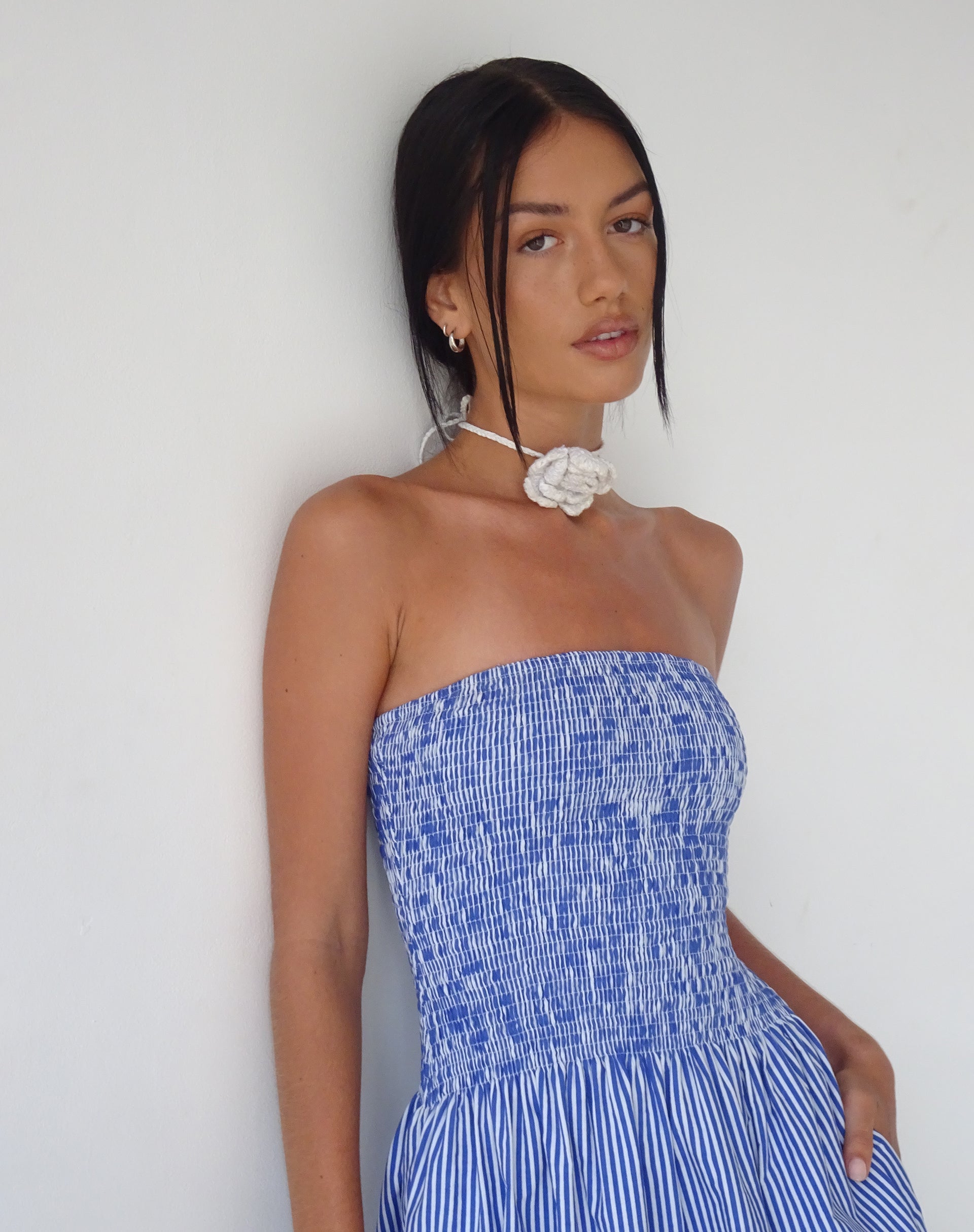 Image of MOTEL X JACQUIE Beleame Bandeau Midaxi Dress in a Blue Striped Poplin