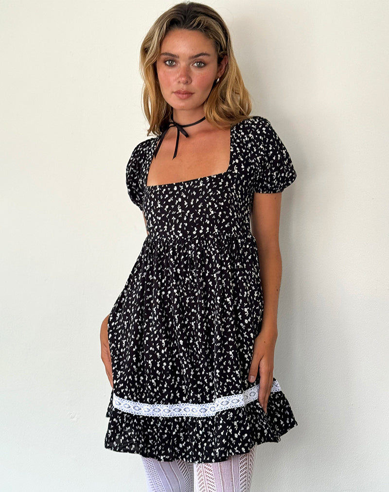 Mini robe de thé Beling en noir Ditsy Romance